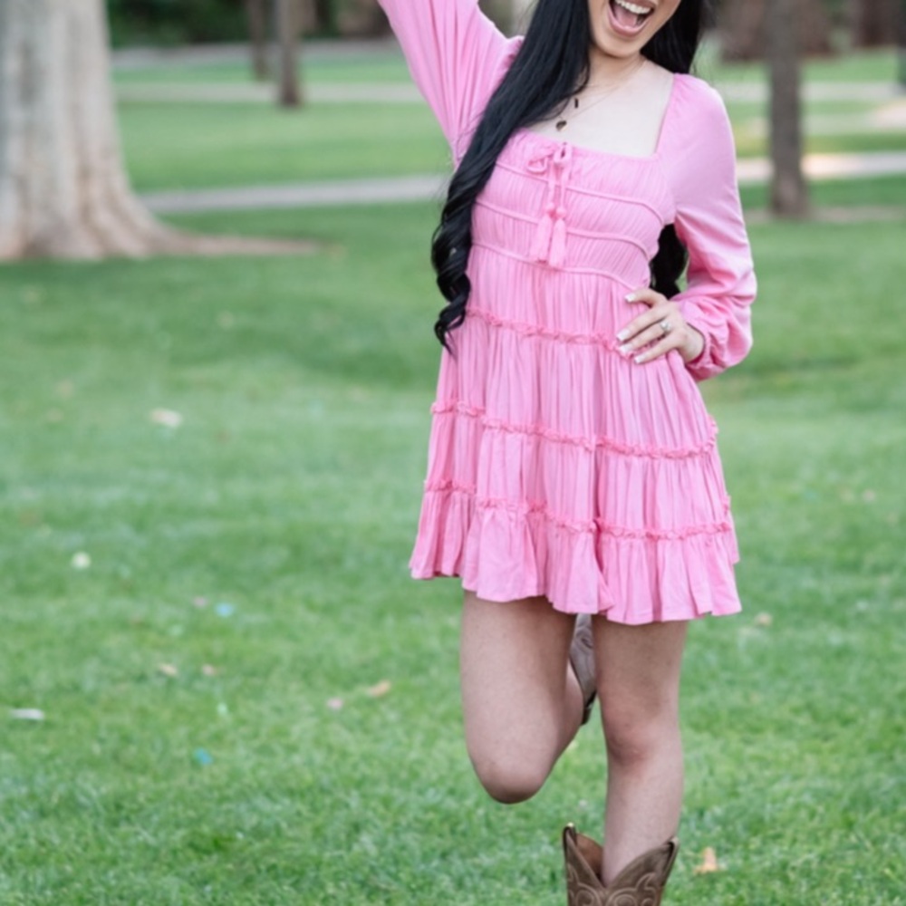 Pink Chelsea Violet Long Sleeve Ruffled Smocked Babydoll Dresss